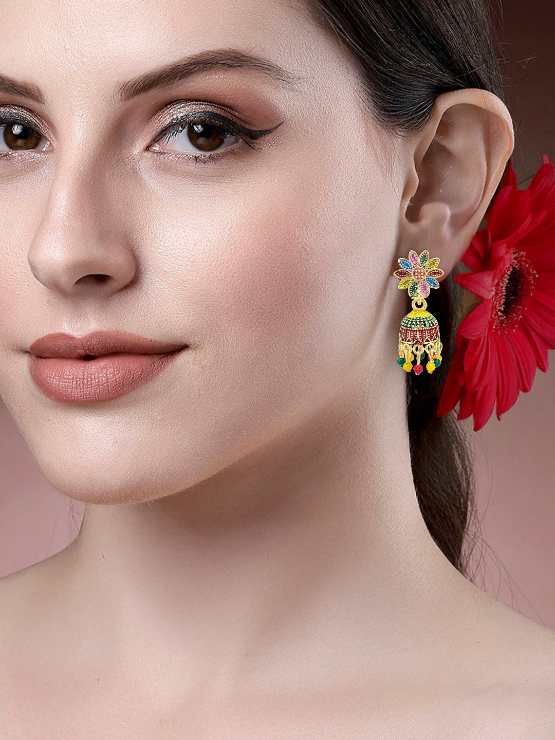 Gold Plated Floral Multi Color Artificial Beaded Jhumki Earrings