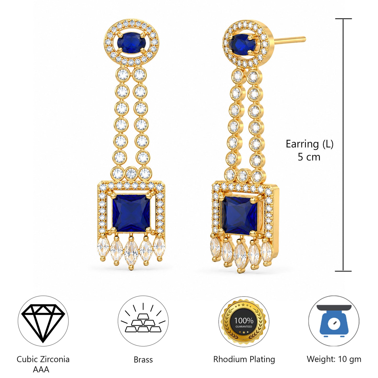 Gold Plated Blue American Diamond Earrings for Women