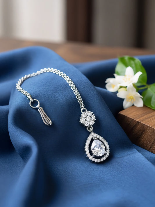Rhodium Plated White AD Teardrop Maang Tikka for Women