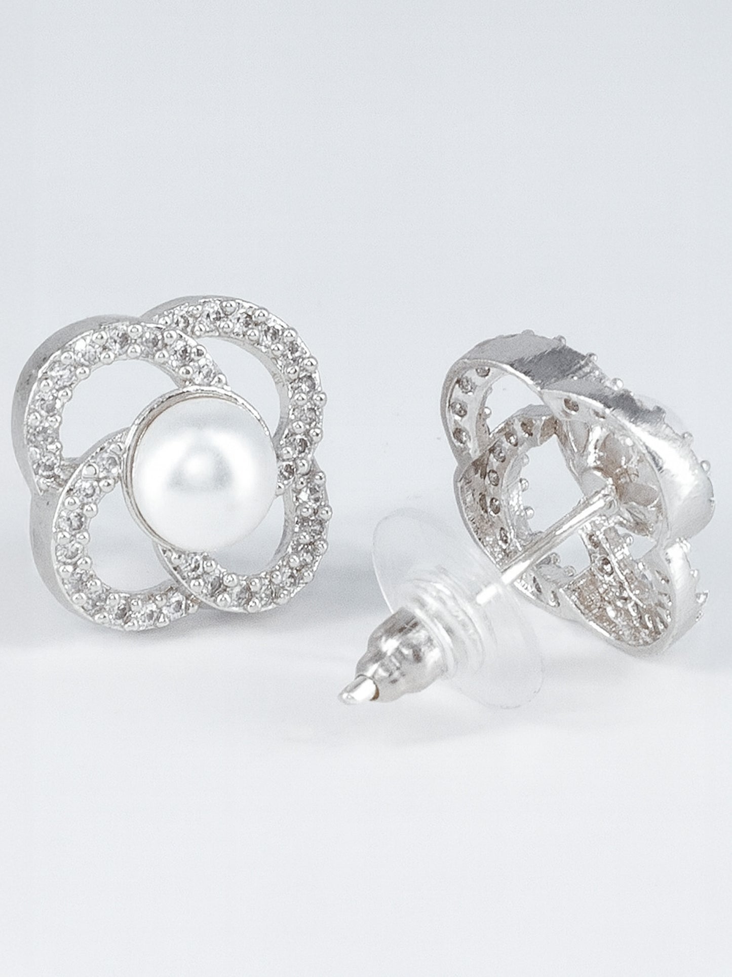 Silver Plated AD Floral Design Stud Earrings for Women