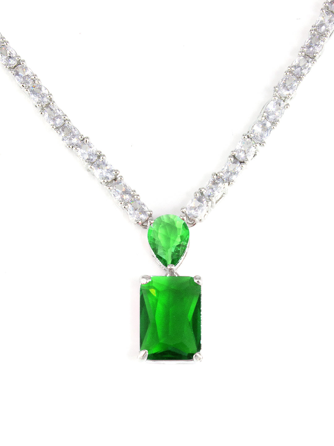 Silver Plated Green AD Minimal Jewellery Set