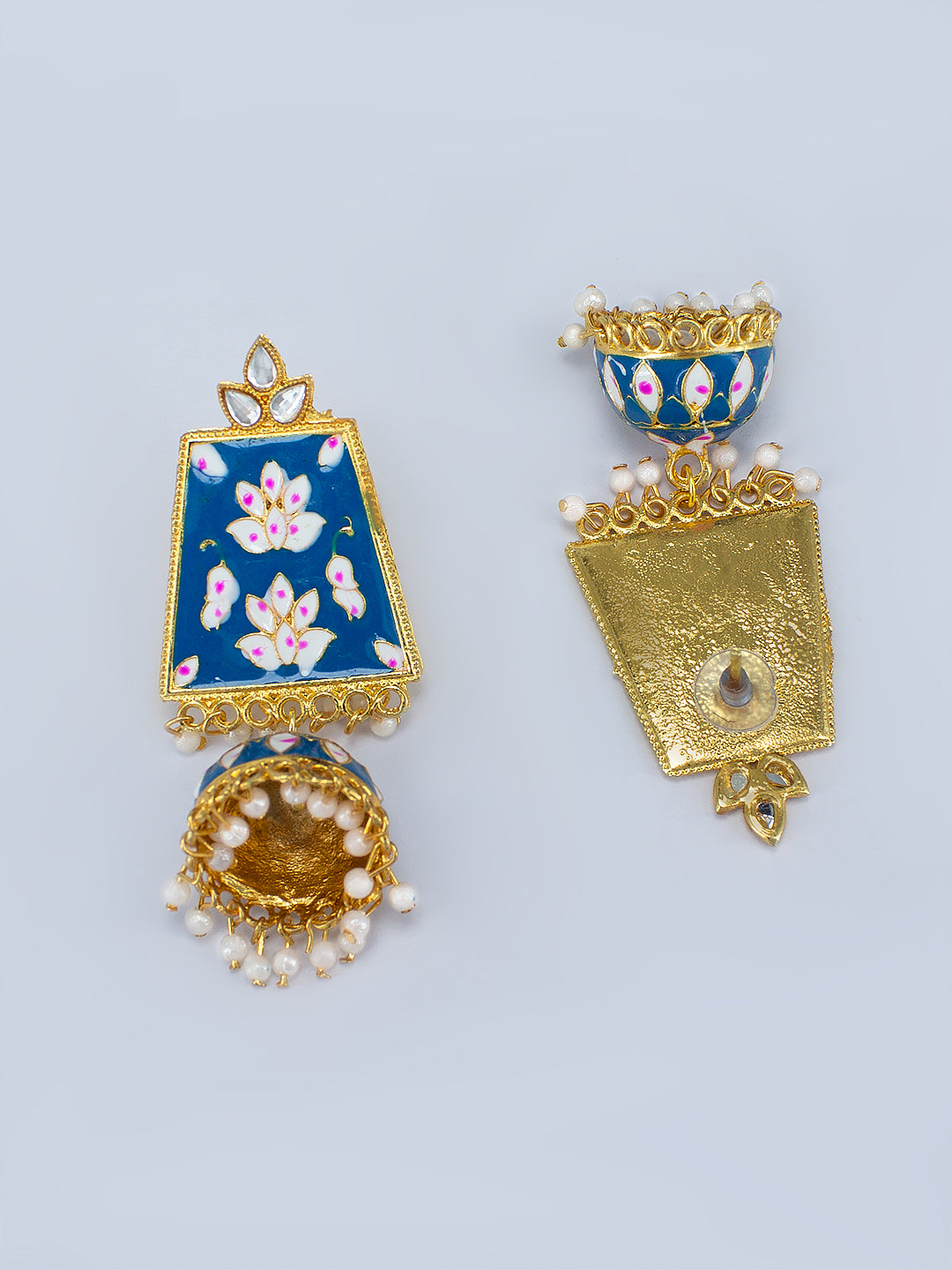 Gold Plated Blue Artificial Stones Studded Jhumka Earrings