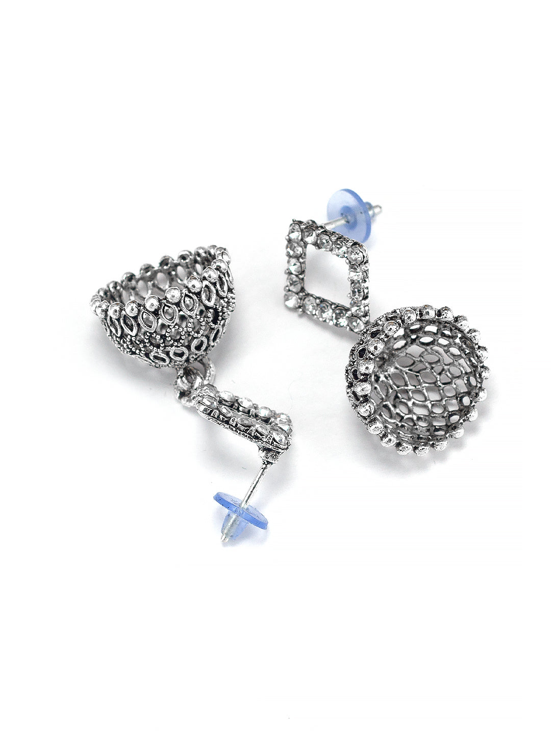 Silver Oxidised Square Shaped CZ Studded Jhumki Earrings