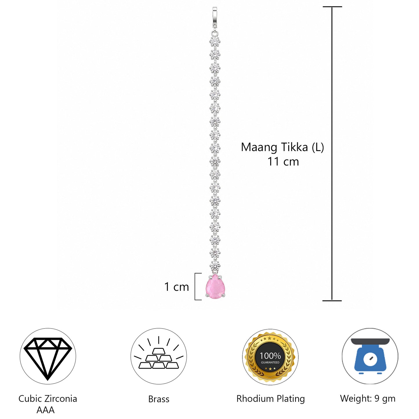 Silver Plated Pink AD Teardrop Maang Tikka for Women