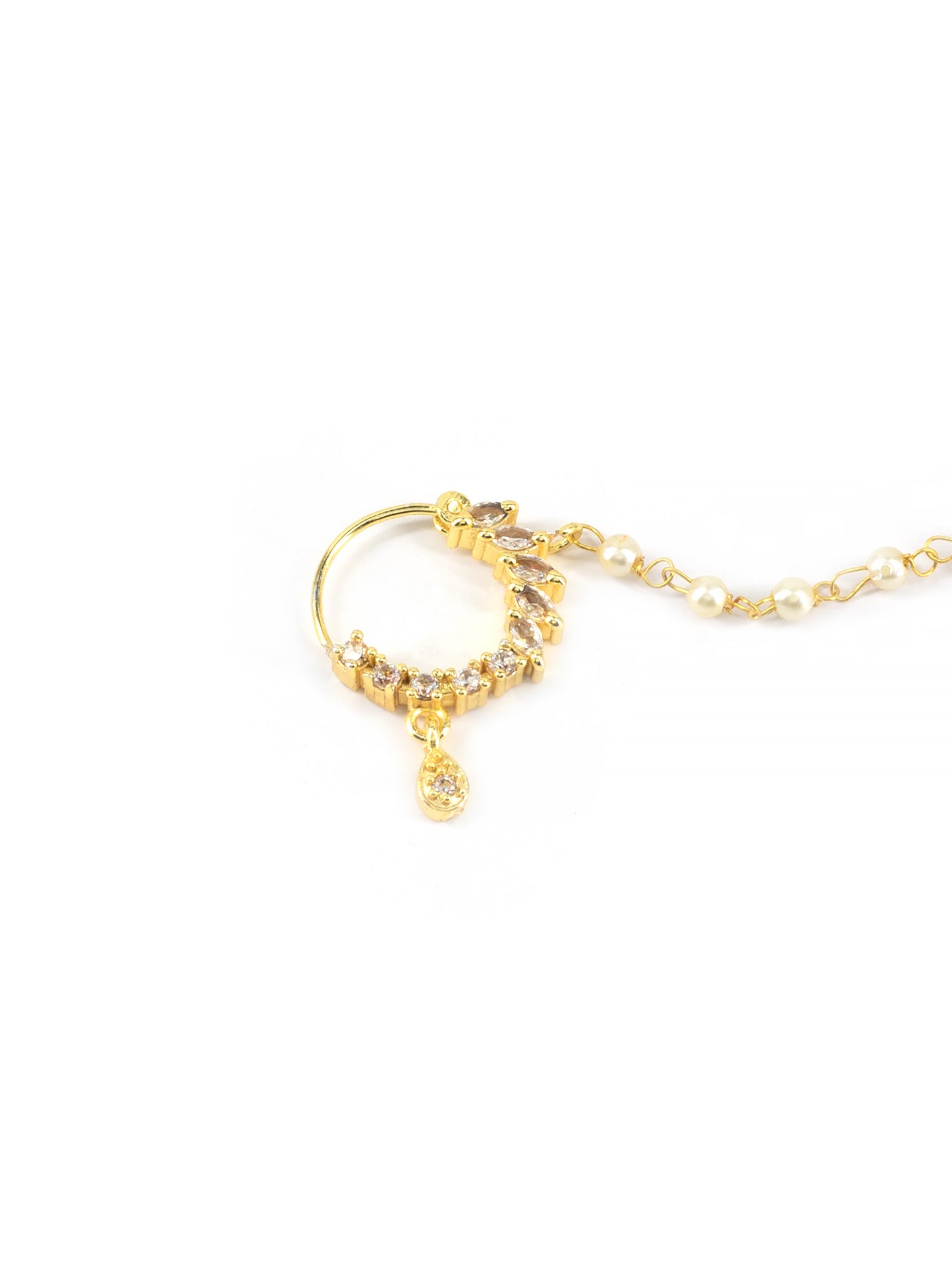 Gold Plated American Diamond & Pearl Beaded Chained Nose ring
