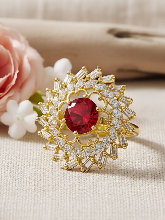 Gold Plated Red AD Adjustable Floral Ring for Women