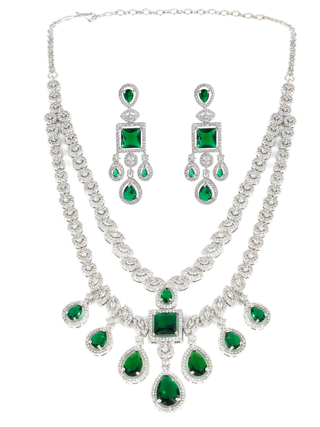American Diamond Green 2 Layer Designer Jewellery Set For Women