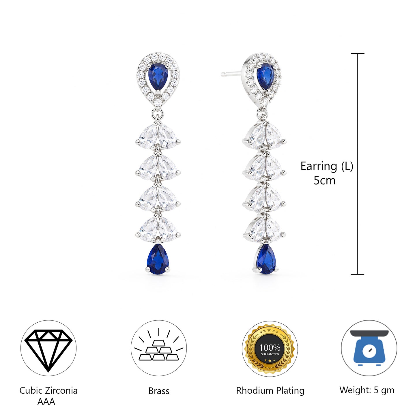 Silver Plated Blue AD Drop Earrings for Women