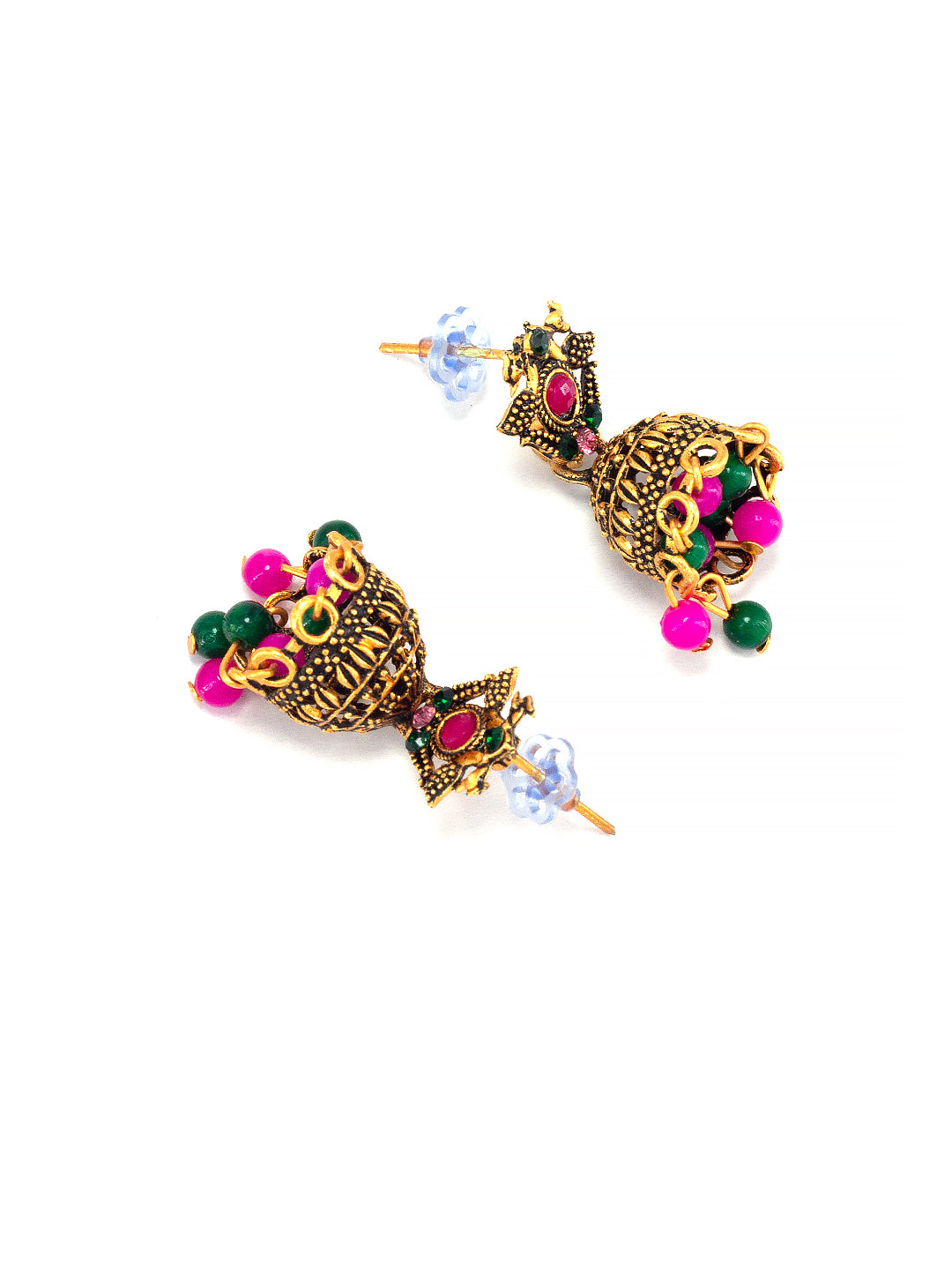 Antique Gold-Plated Peacock Artificial Stone & Beaded Jhumki Earrings