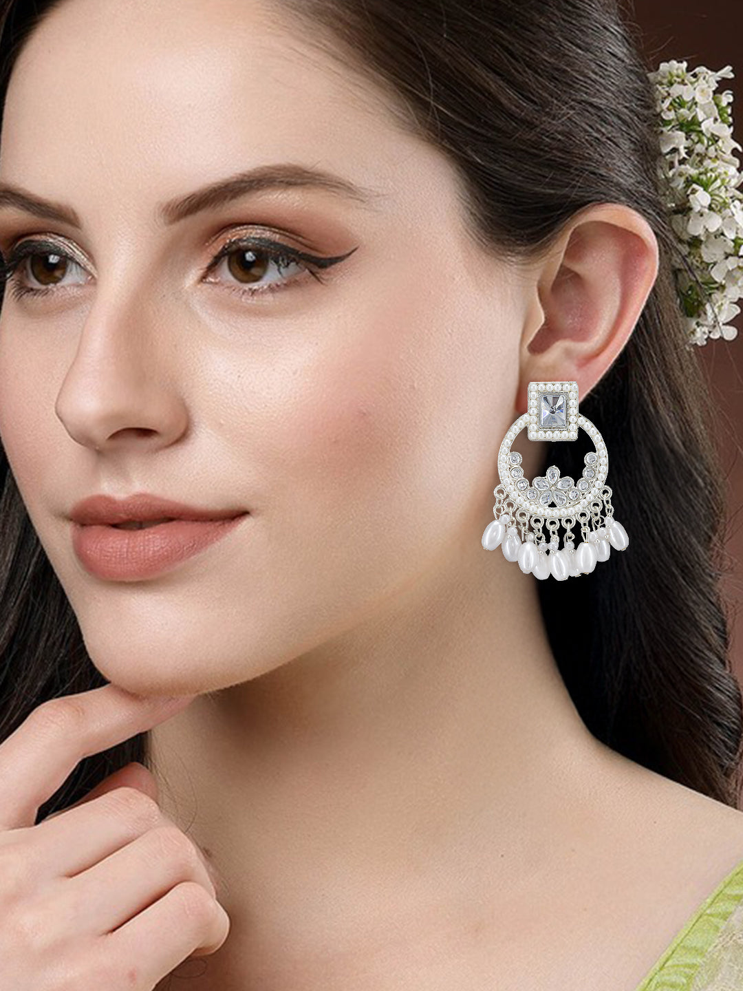 Silver Plated White Square Artificial Beads & Stones Studded Drop Earrings