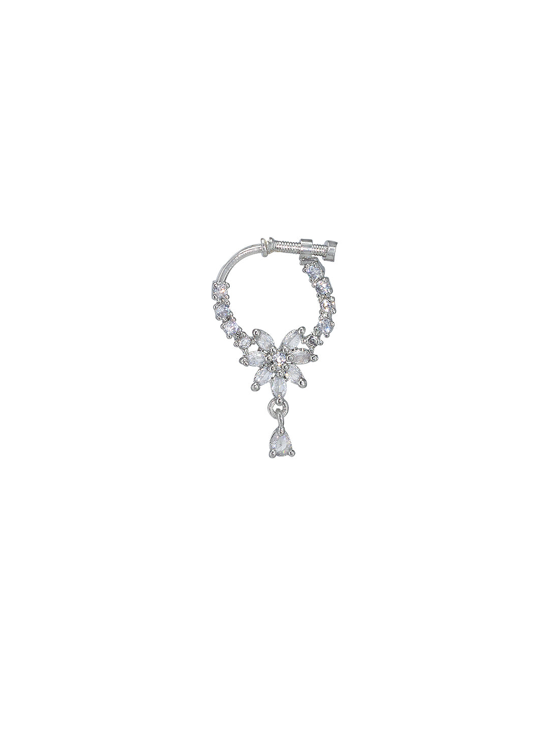 Rhodium Plated American Dimaond Floral Drop Nose Ring