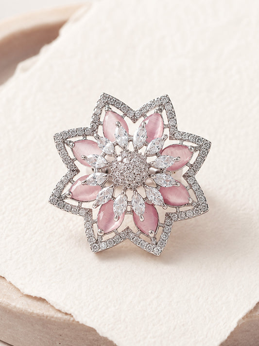 Silver Plated Pink AD Floral Finger Ring for Women
