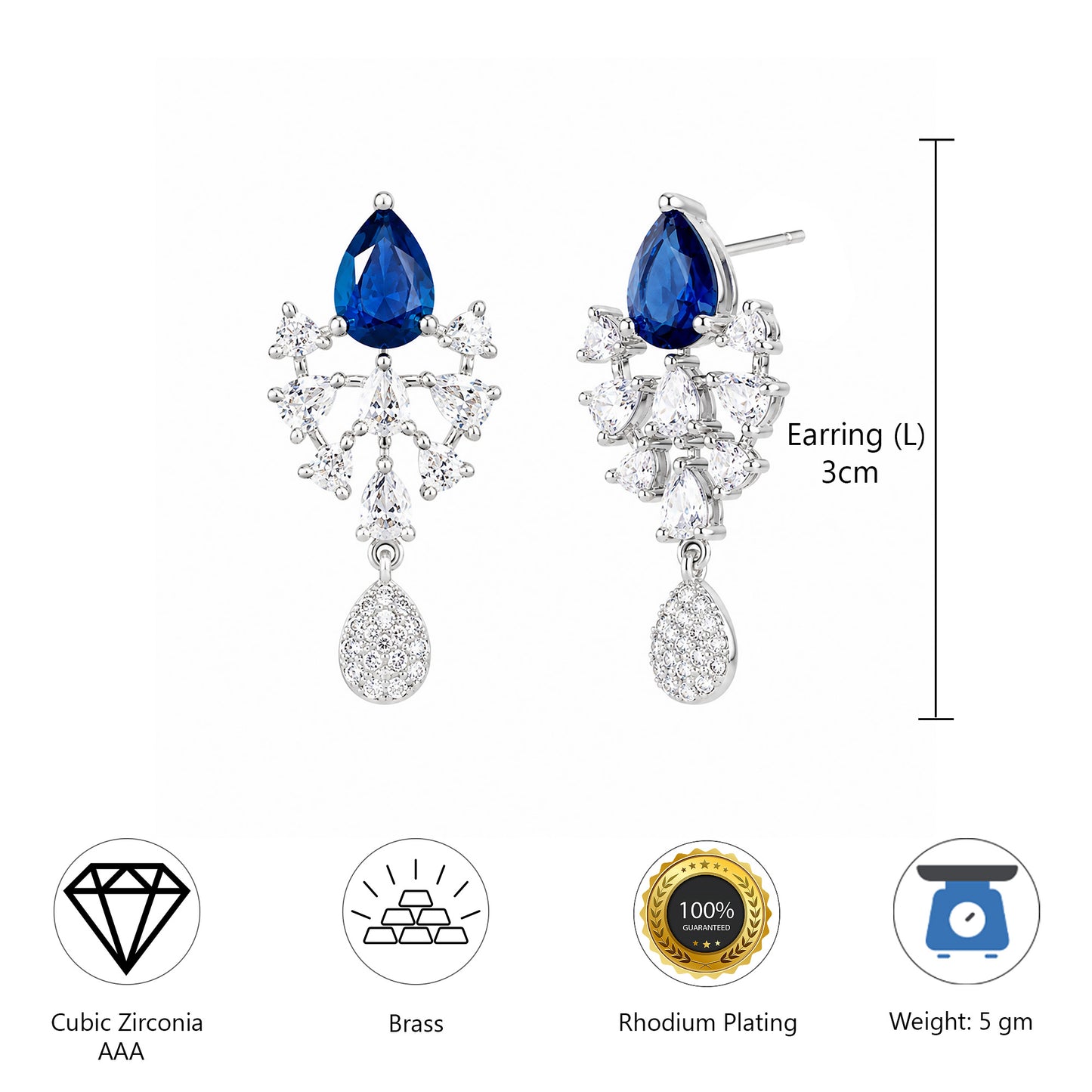 Silver Plated Blue AD Drop Earrings for Women