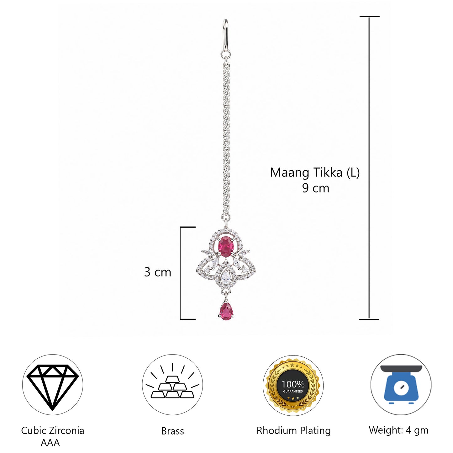Silver Plated Red AD Maang Tikka for Women