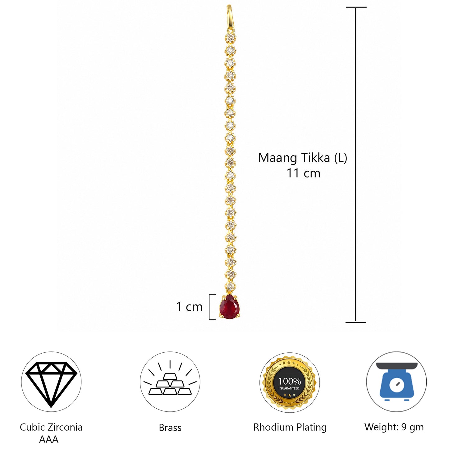Gold Plated Red AD Teardrop Maang Tikka for Women