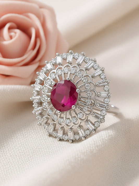 Rhodium Plated Pink AD Designer Adjustable Ring for Women