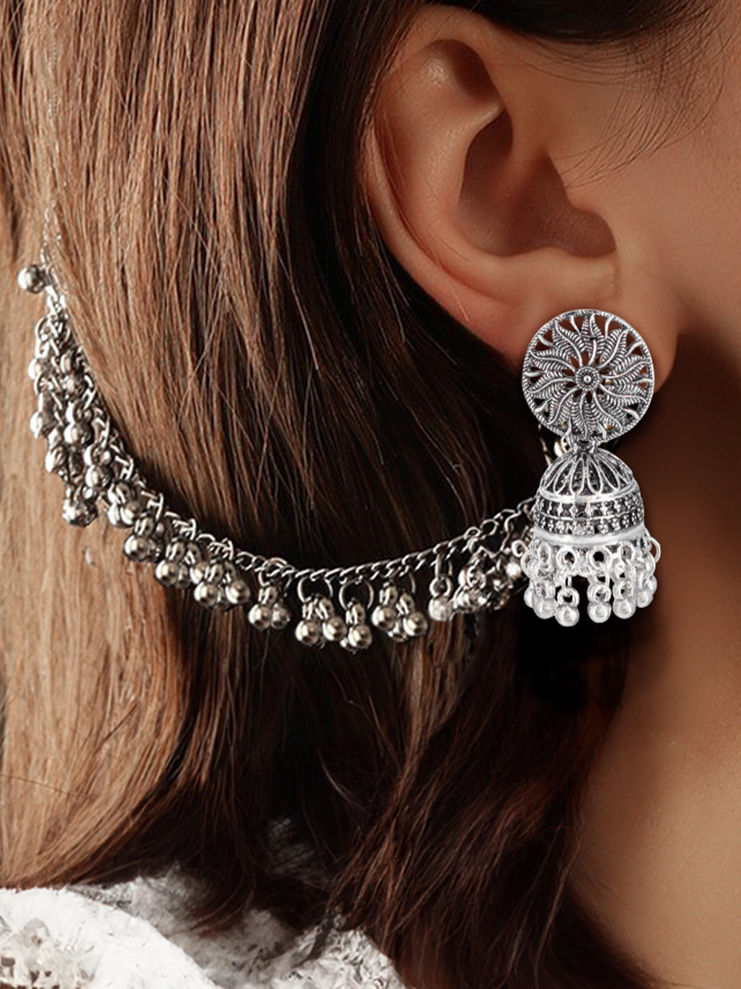 Silver-Oxidised Floral Jhumka Earrings With Ear Chain