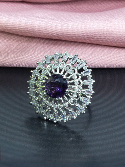 Rhodium Plated Purple AD Designer Adjustable Ring for Women