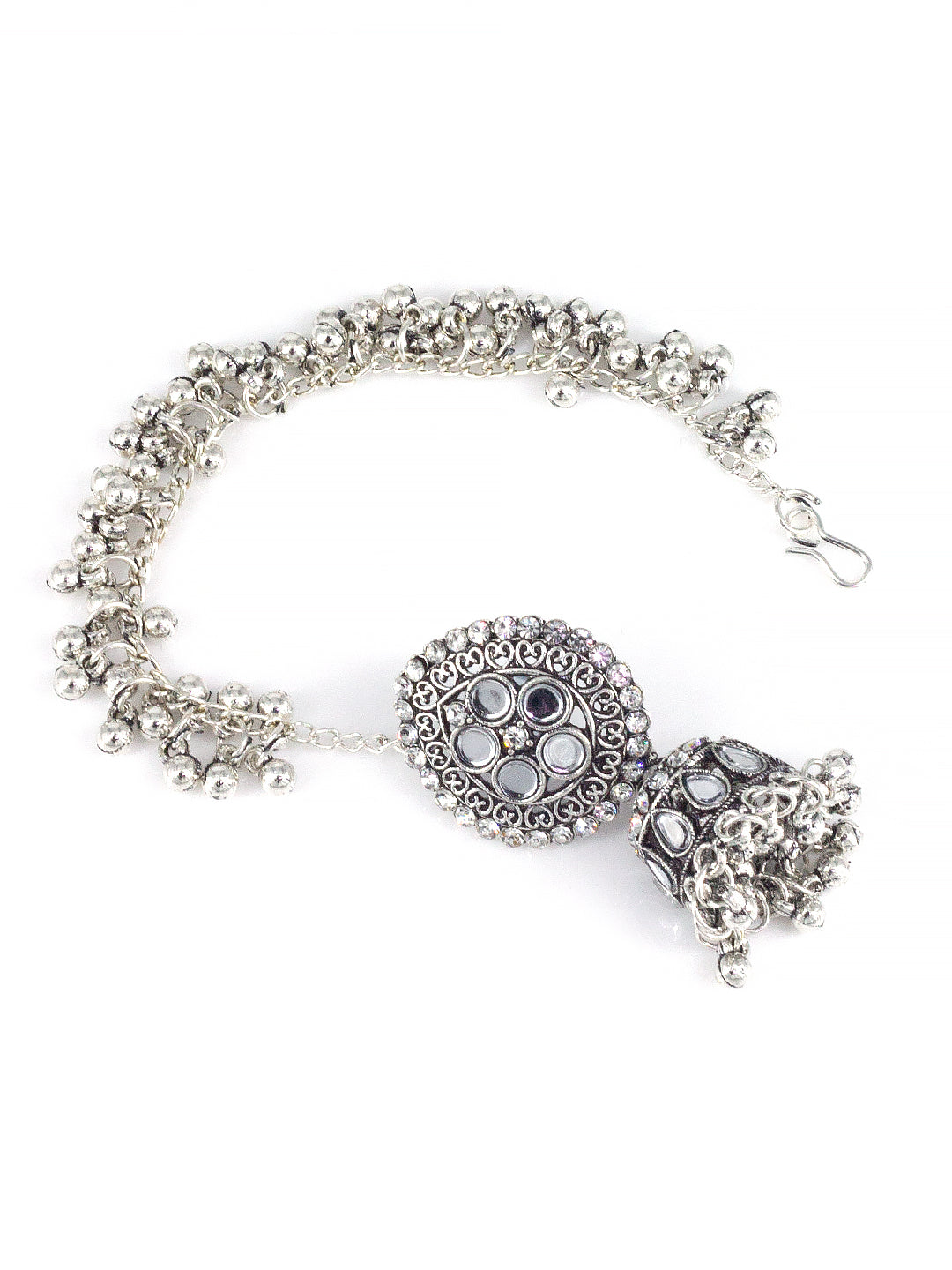 Silver-Oxidised Floral Mirror-Studded Jhumka Earrings With Hair Chain