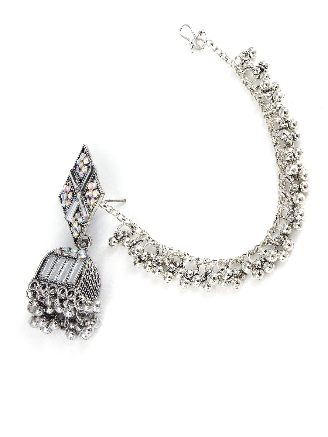 Silver Oxidised Rhinestone Studded Jhumka Earrings With Ear chain
