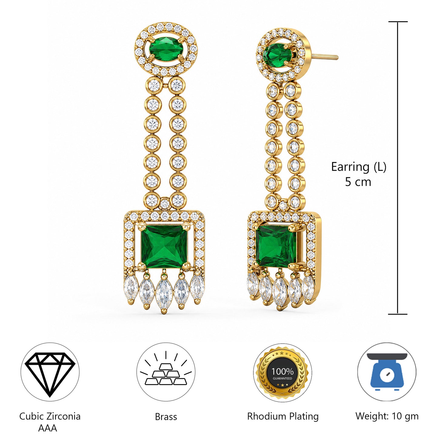 Gold Plated Green American Diamond Earrings for Women