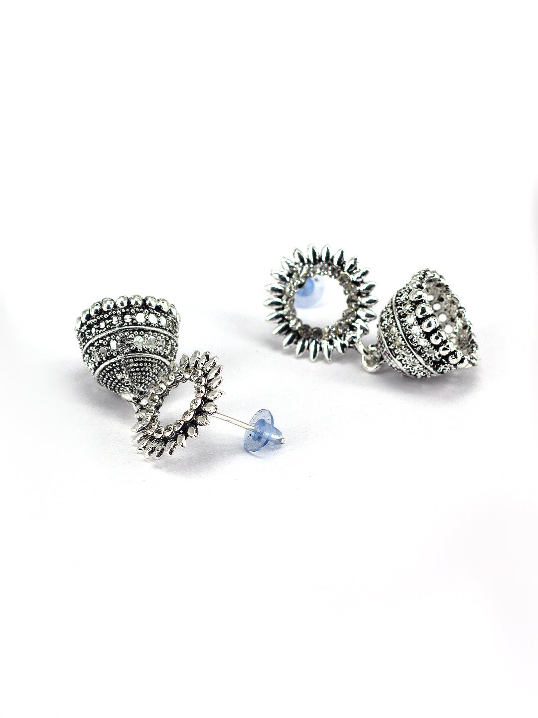 Silver Oxidised Circular CZ Studded Jhumki Earrings For Women