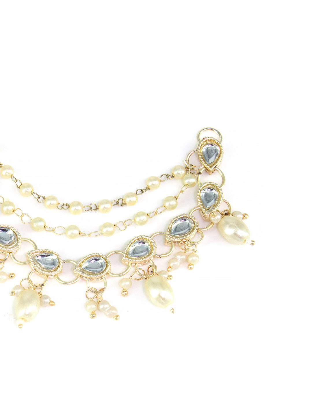 Gold-plated 3-Layered Kundan-Studded & Faux-Pearl Drop Ear Chain