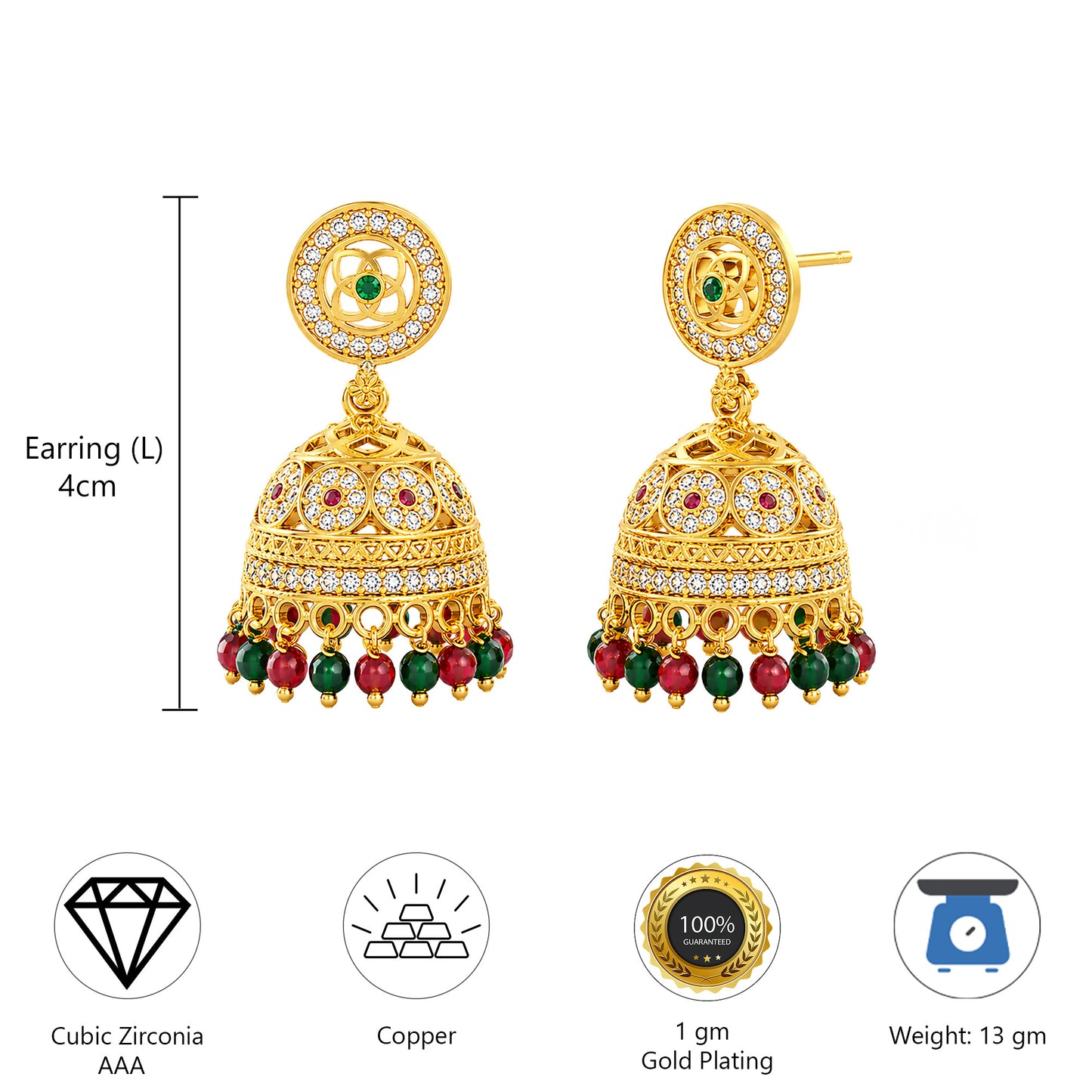 1 Gram Gold Plated AD Jhumka Earrings for Women
