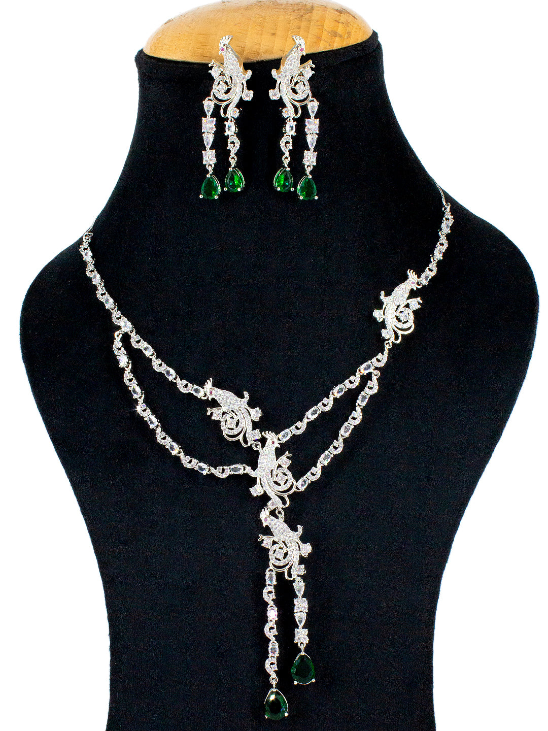 Silver Plated Green AD Peacock Statement Jewellery Set
