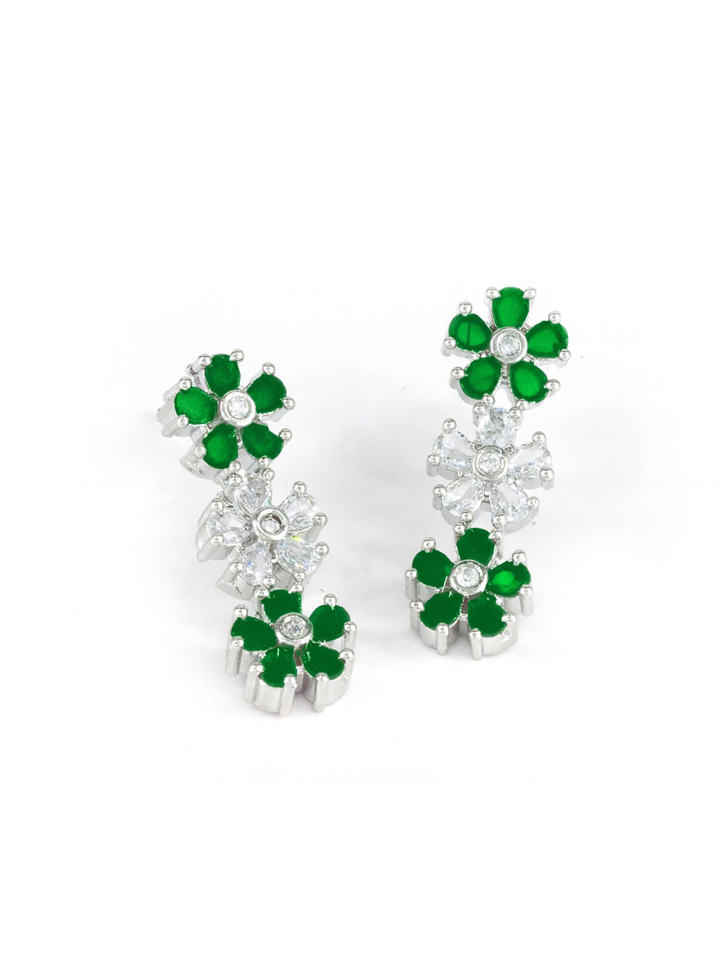 Silver Plated Green AD Floral Jewellery Set for Women