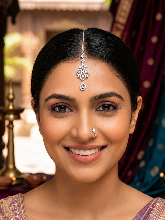Silver Plated AD Maang Tikka for Women