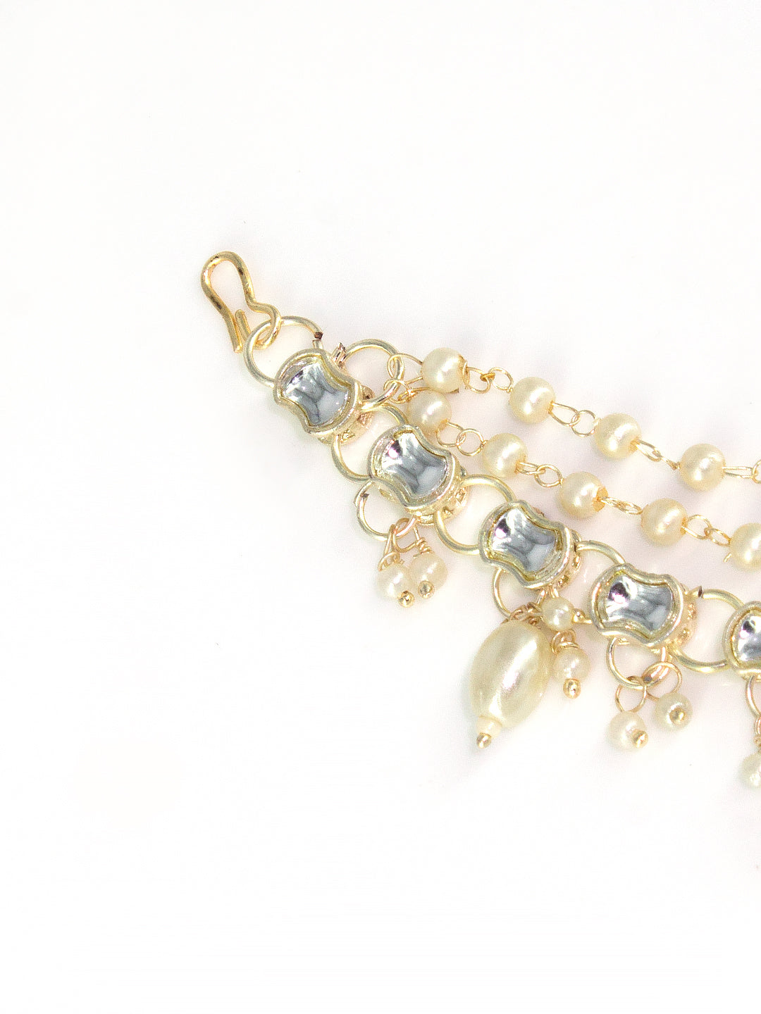 Gold-plated 3-Layered Kundan-Studded & Faux-Pearl Drop Ear Chain