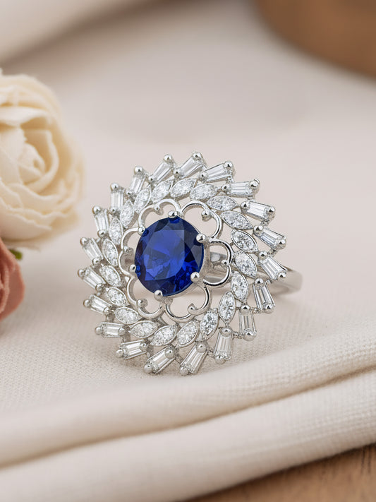 Silver Plated Blue AD Floral Adjustable Ring for Women
