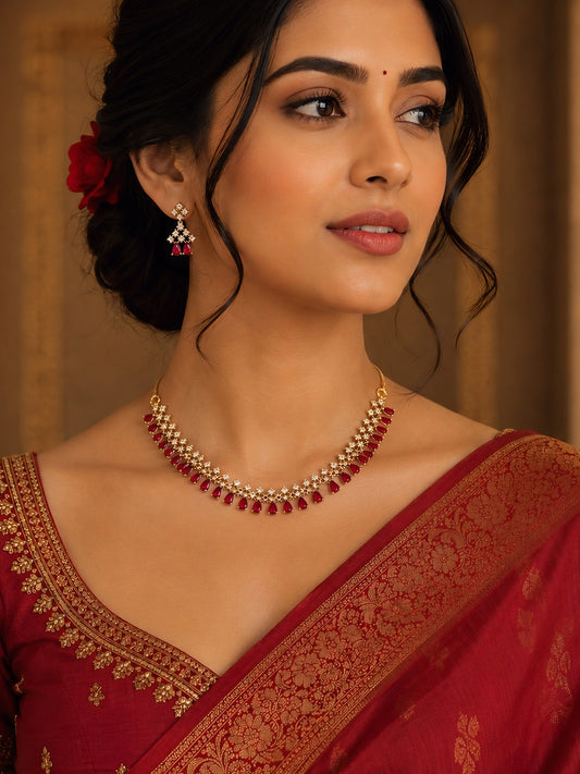 Gold Plated Red American Diamond Jewellery Set for Women