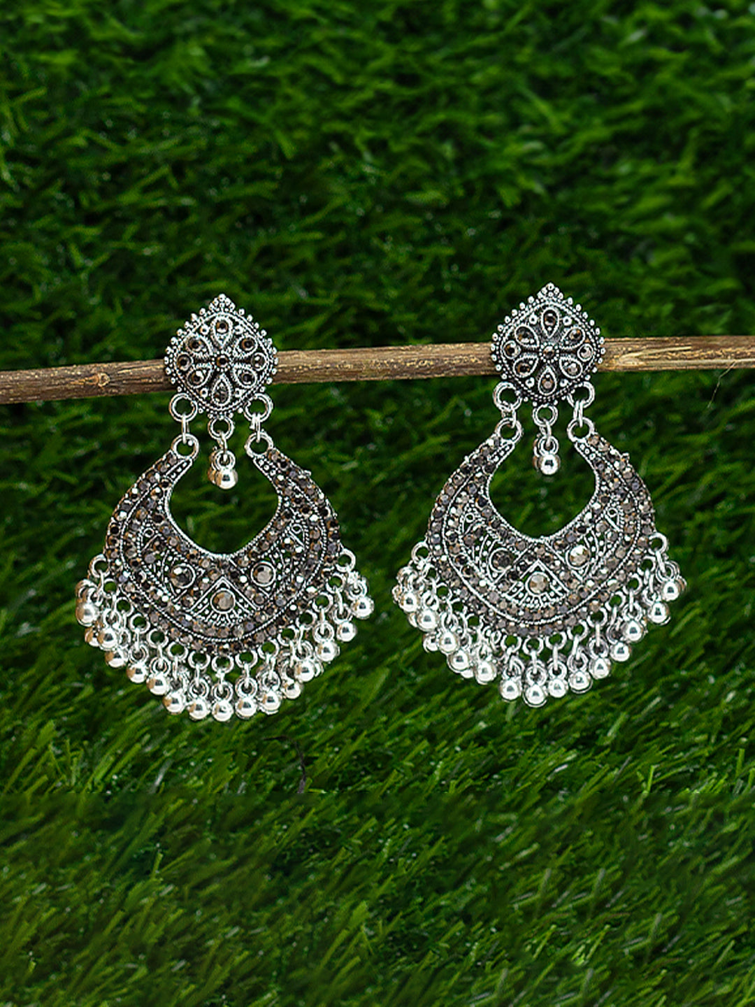 Silver Oxidised Chandbali Jhumka Earrings – PRIVIU