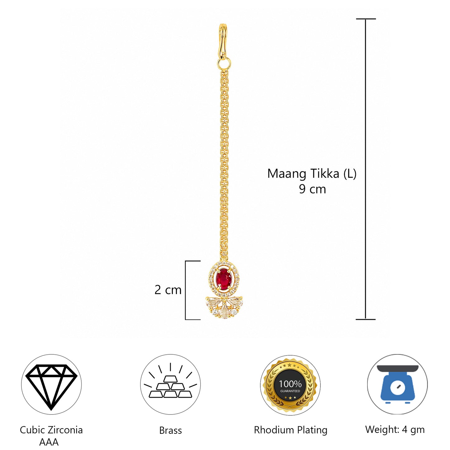 Gold Plated Red AD Maang Tikka for Women