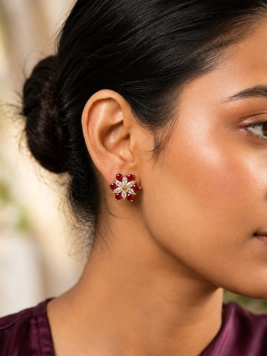 Gold Plated Red AD Floral Stud Earrings for Women