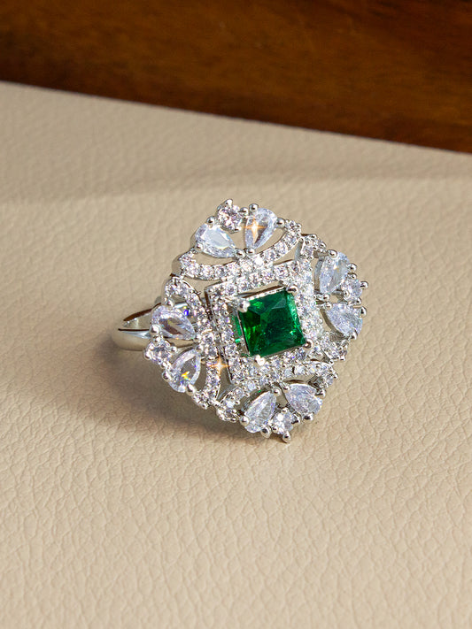 Silver-Plated American-Diamond Studded Floral Design Adjustable Finger Ring