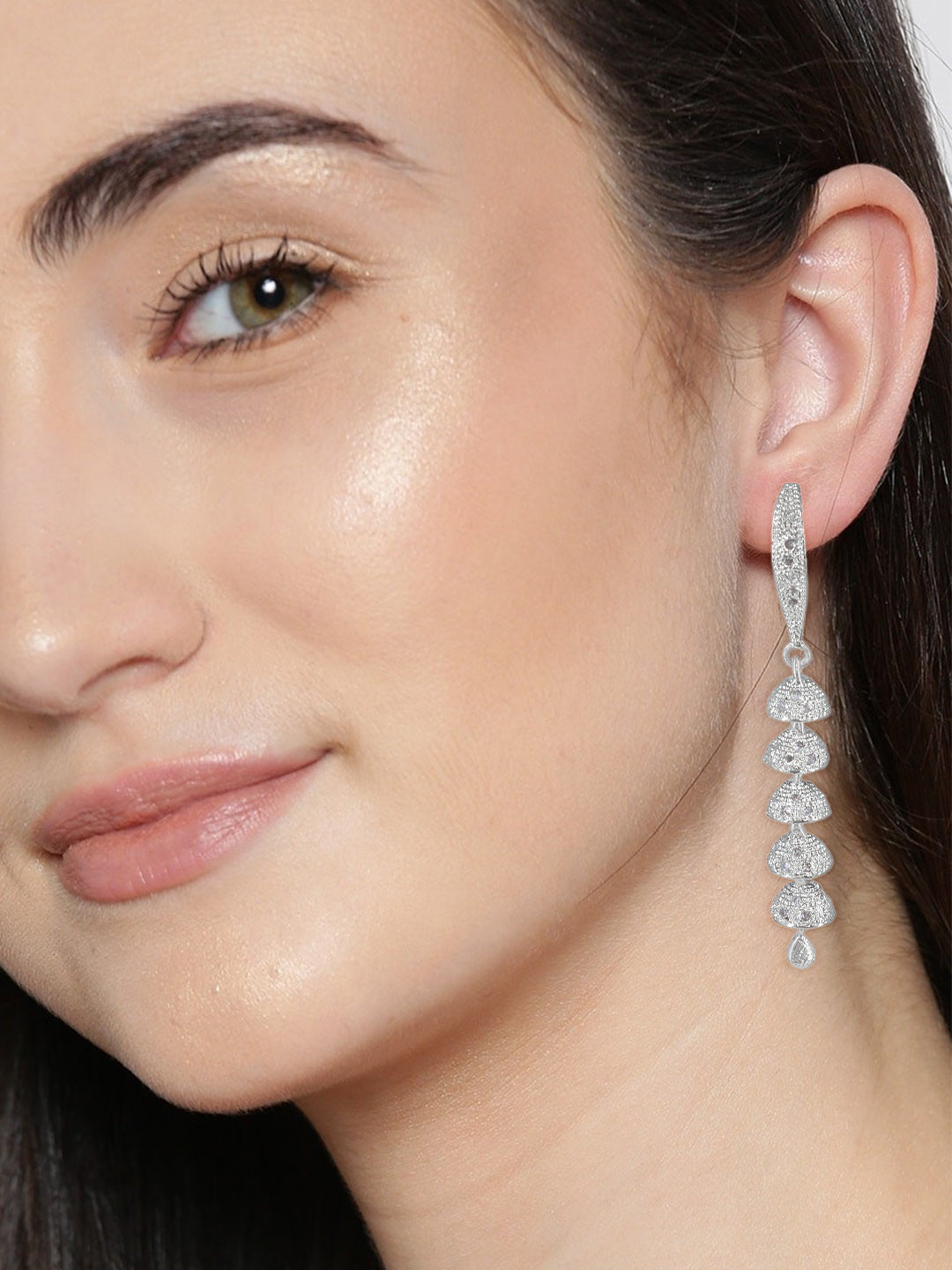 Silver Plated American Diamond 5 Layered Drop Earrings