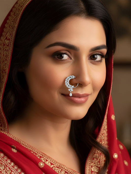 Silver Plated AD Bridal Non-piercing Drop Nose Ring