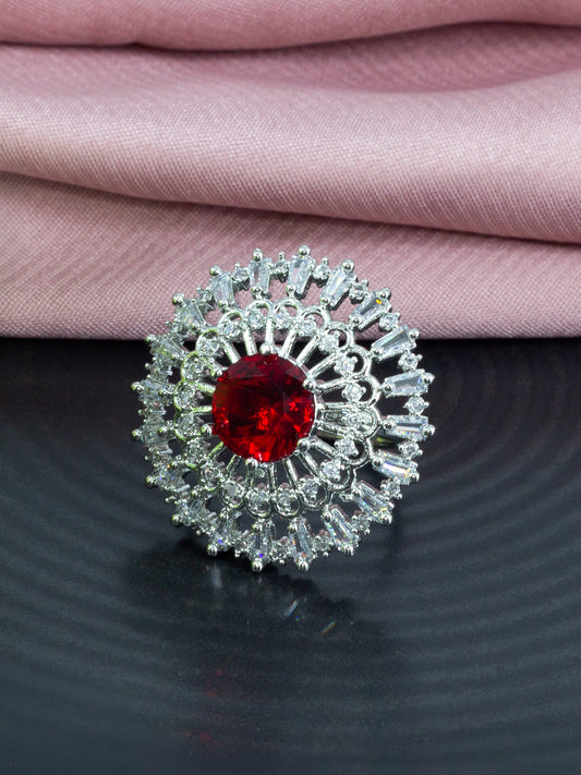 Rhodium Plated Red AD Designer Adjustable Ring for Women