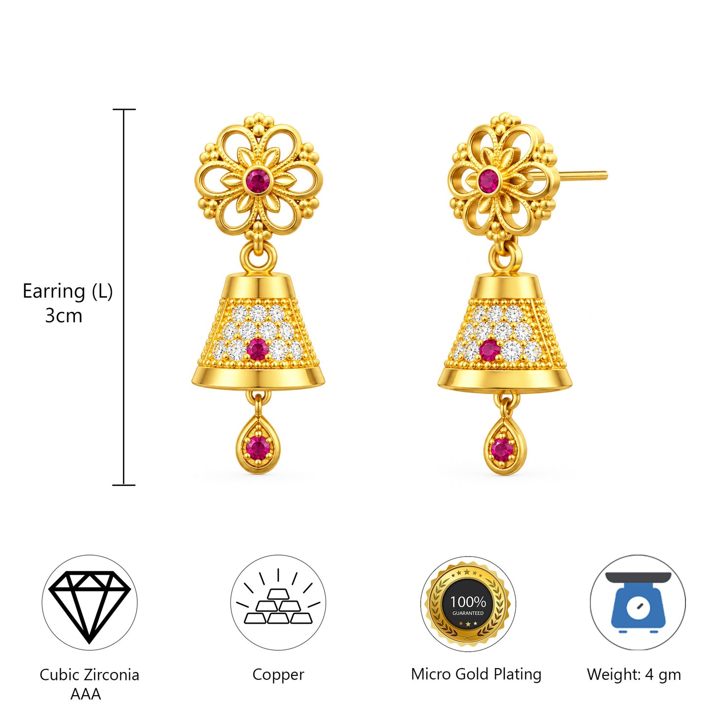 Micro Gold Plated AD Jhumki Earrings for Women