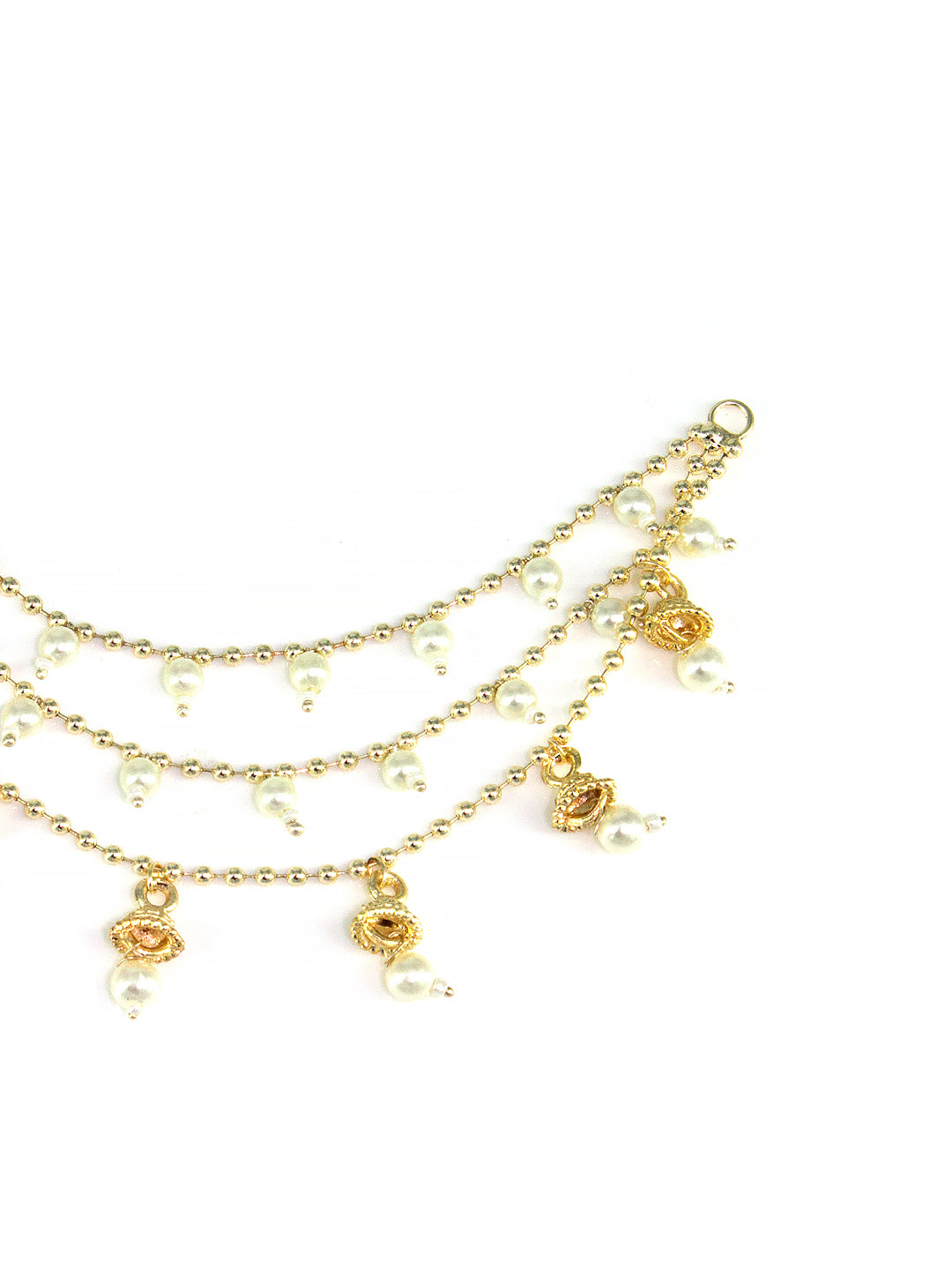 Gold-Plated 3-Layered Beads & 8 Jhumki Drop Ear Chain