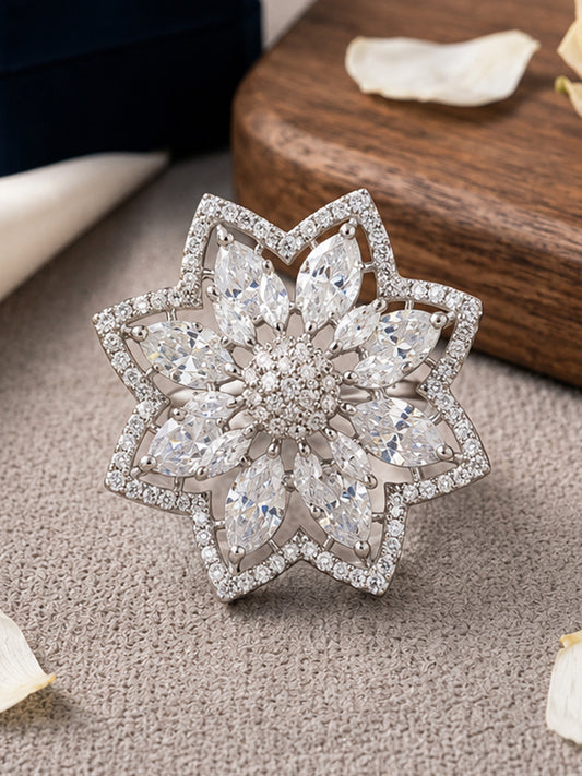 Silver Plated AD Floral Finger Ring for Women