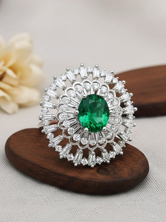 Rhodium Plated Green AD Designer Adjustable Ring for Women