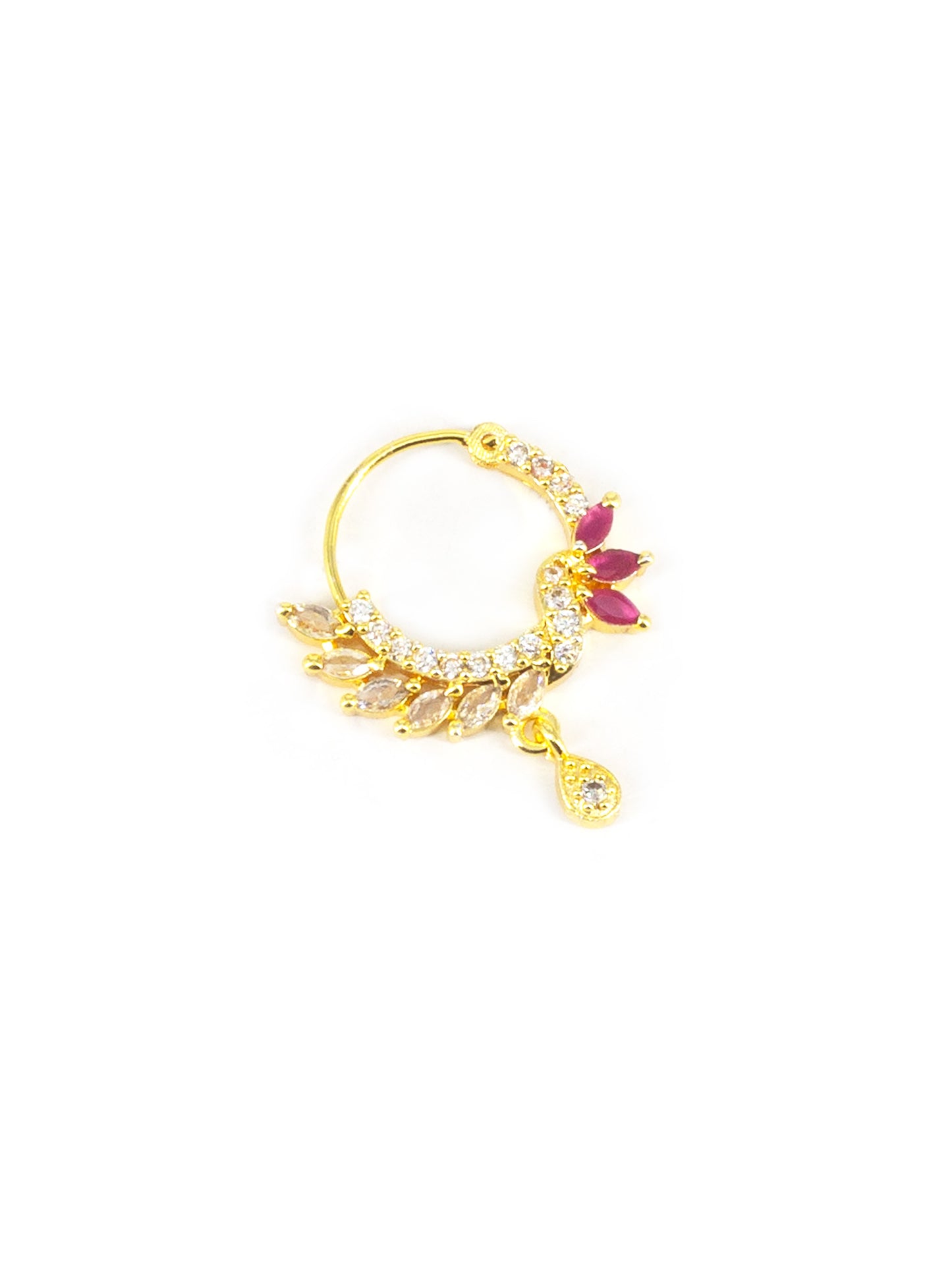Gold Plated Red & White AD Drop Nose Ring