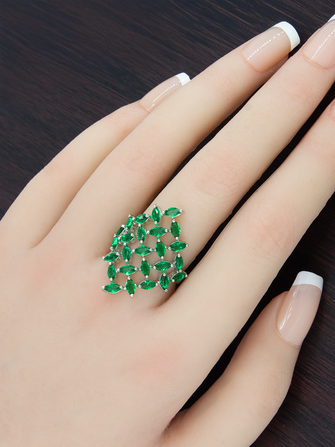 Silver Plated Green Petal AD Adjustable Ring For Women