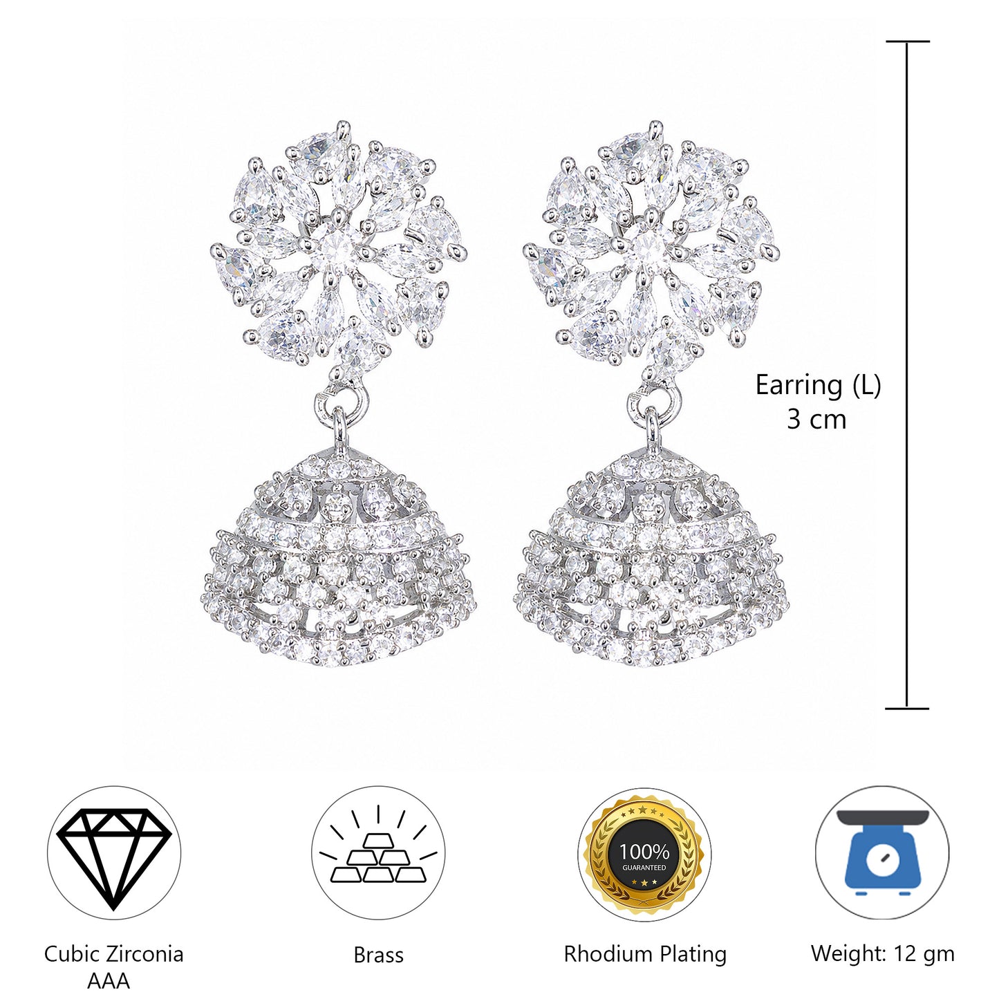 Silver Plated American Diamond Floral Diamond Jhumka Earrings for Women