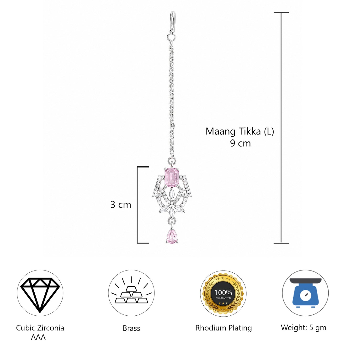 Silver Plated Pink AD Maang Tikka for Women