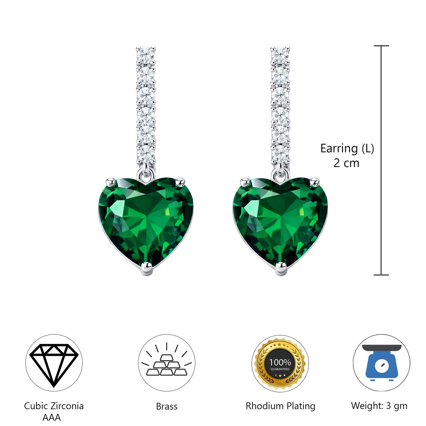 Silver Plated Green Heart AD Drop Earrings for Women